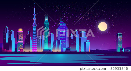 Urban landscape with neon skyscrapers vector Urban landscape with neon skyscrapers vector 86935846