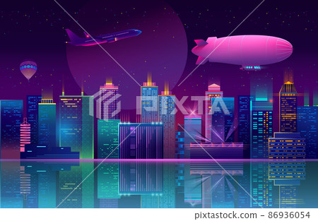 Vector background with night city in neon lights - Stock Illustration ...