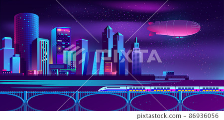 Vector background with night city in neon lights - Stock Illustration ...
