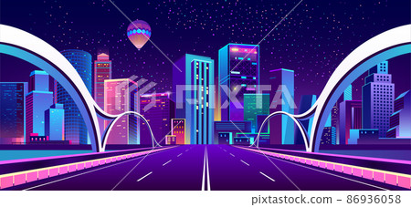 Vector background with night city in neon lights - Stock Illustration ...