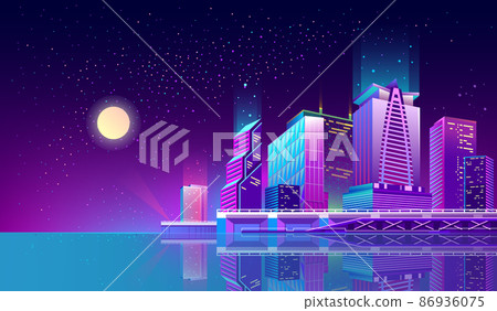 Vector background with night city in neon lights - Stock Illustration ...