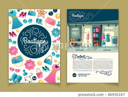 Vector brochures with girls boutique, cartoon booklet 86936167