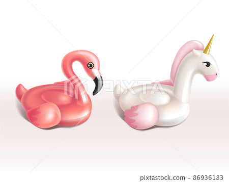 Vector 3d realistic swim rings - flamingo, unicorn Vector 3d realistic swim rings - flamingo, unicorn 86936183
