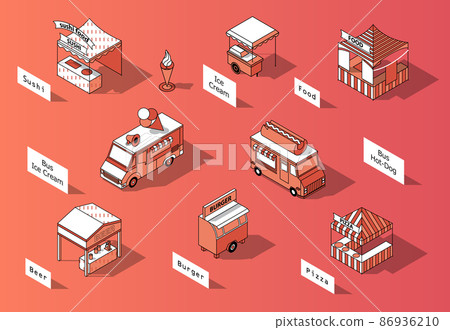 Vector 3d isometric food courts, trucks - marketplace 86936210