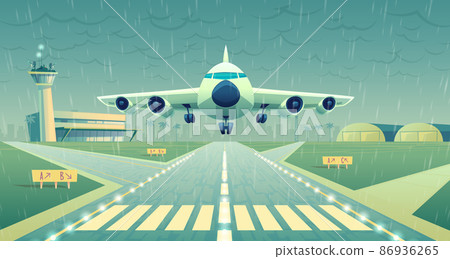 Vector cartoon white airliner, jet over runway Vector cartoon white airliner, jet over runway 86936265