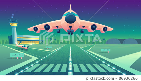 Vector cartoon white airliner, jet over runway Vector cartoon white airliner, jet over runway 86936266