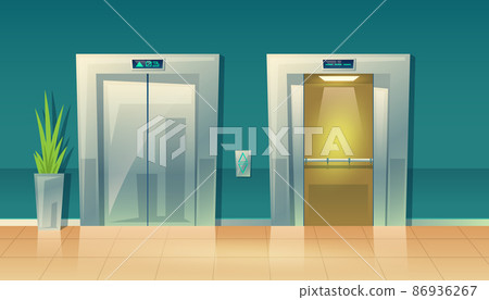 Vector cartoon empty hallway elevators - closed and open Vector cartoon empty hallway elevators - closed and open 86936267
