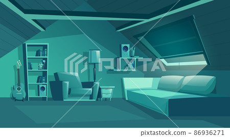 Vector attic interior at night, garret with furniture. Vector attic interior at night, garret with furniture. 86936271