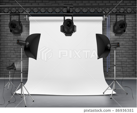 Vector empty photo studio with lighting equipment Vector empty photo studio with lighting equipment 86936381