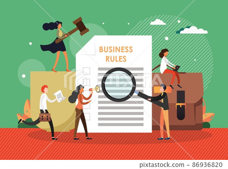 Business laws and regulations, ethical practice, company rules, compliance policy and procedures, vector illustration. Business laws and regulations, ethical practice, company rules, compliance policy and procedures, vector illustration. 86936820