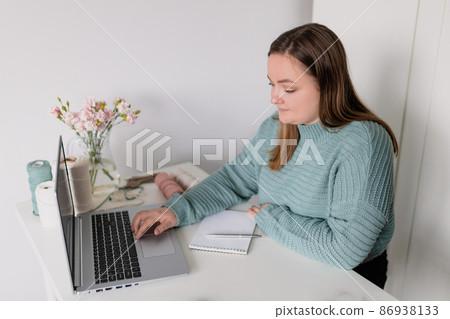 Young stylish woman using laptop at home, looking at screen, chatting, reading or writing email. Female hobby. Working on research project online concept. Handmade macrame shop 86938133