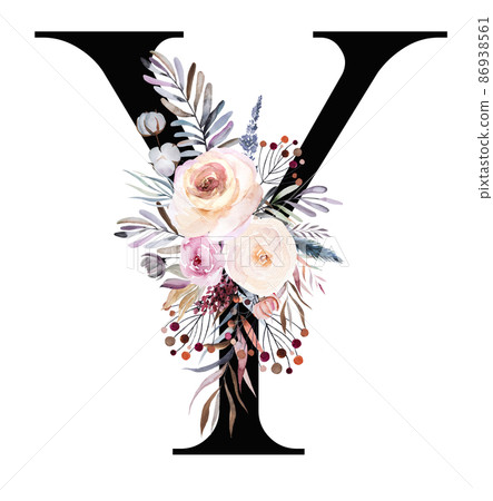 Letter Y decorated with watercolor winter bouquet made of pastel flowers and leaves. Floral alphabet 86938561