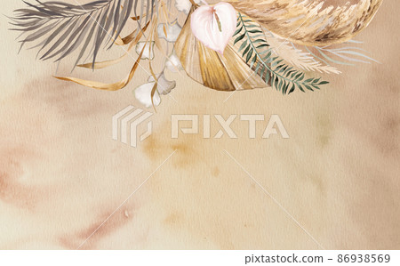 Watercolor Bohemian border with dried leaves and tropical flowers illustration with beige background Watercolor Bohemian border with dried leaves and tropical flowers illustration with beige background 86938569