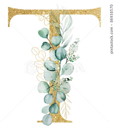 Golden letter T decorated with green Watercolor eucalyptus branches and leaves isolated Golden letter T decorated with green Watercolor eucalyptus branches and leaves isolated 86938570