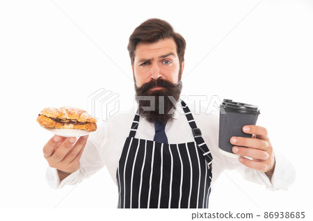 Just takeaway. Barista serving croissant with takeaway tea or coffee. Take-away coffeshop and cafe Just takeaway. Barista serving croissant with takeaway tea or coffee. Take-away coffeshop and cafe 86938685