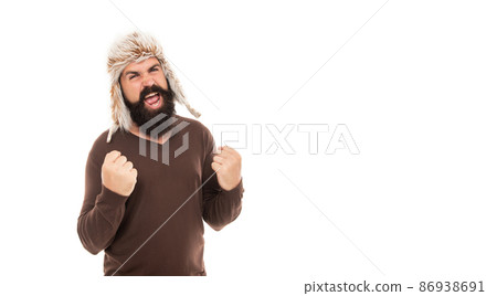 beard hair care. hipster isolated on white. confident guy with moustache wear warm hat. 86938691