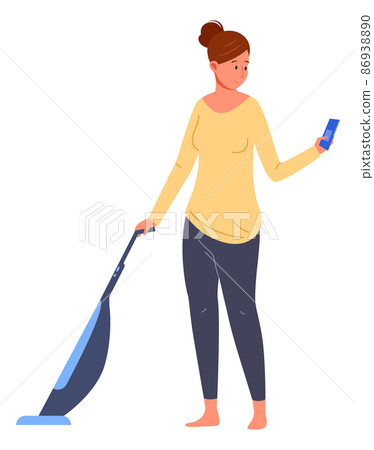 Woman with vacuum cleaner looking at smartphone screen Woman with vacuum cleaner looking at smartphone screen 86938890