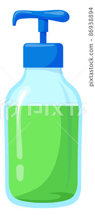 Plastic soap dispenser. Cartoon pump bottle with green liquid 86938894