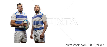 Flyer with portraits of strong athletes, rugby players standing together like team isolated on white background. Sport, activity, health, hobby, occupations concept Flyer with portraits of strong athletes, rugby players standing together like team isolated on white background. Sport, activity, health, hobby, occupations concept 86939304