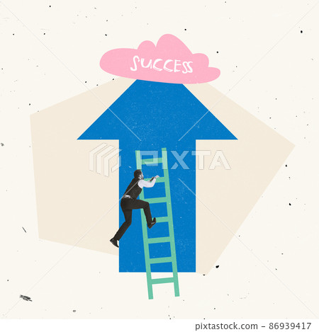 Contemporary art collage. Bussinessman, motivated employee climbing upwards to the top symbolizing success and promotion Contemporary art collage. Bussinessman, motivated employee climbing upwards to the top symbolizing success and promotion 86939417