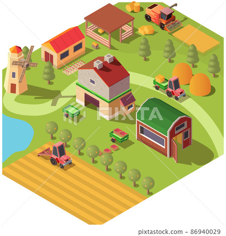 Isometric farm or ranch yard with outbuildings Isometric farm or ranch yard with outbuildings 86940029