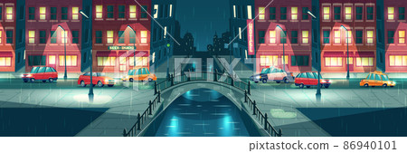 Rainy weather on night city streets cartoon vector Rainy weather on night city streets cartoon vector 86940101