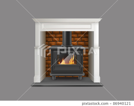 Modern fireplace with metallic firebox vector 86940121
