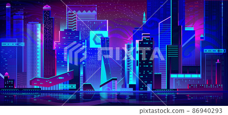 Night city in neon lights. Futuristic architecture 86940293