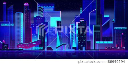 Futuristic cityscape panoramic view at night time. Futuristic cityscape panoramic view at night time. 86940294