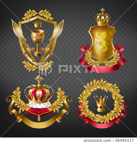 Heraldic royal emblems with golden monarch crowns 86940317