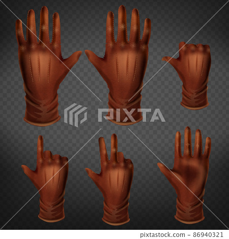 Hand in leather glove gestures set. Human palm. Hand in leather glove gestures set. Human palm. 86940321