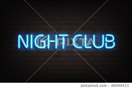Night club blue neon lettering on dark brick wall. Night club blue neon lettering on dark brick wall. 86940413