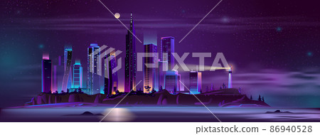 Lighthouse on city bay shore cartoon vector 86940528