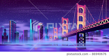 Vector hinged bridge in megapolis with mist Vector hinged bridge in megapolis with mist 86940676