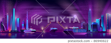 City bay with drawbridge cartoon vector background 86940822