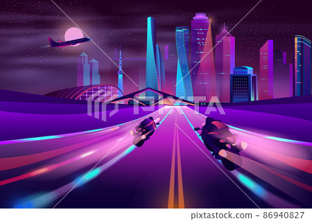 Bikers racing on metropolis highway vector Bikers racing on metropolis highway vector 86940827