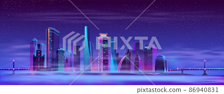 Vector misty megapolis between hinged bridges, island Vector misty megapolis between hinged bridges, island 86940831
