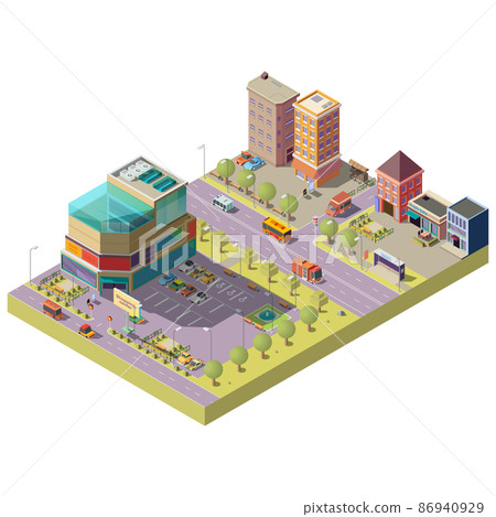 Vector isometric city center with shopping mall - Stock Illustration ...