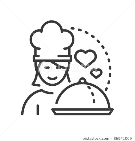 Chef serves the dish - vector line design single isolated icon 86941009