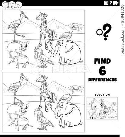 differences game with cartoon wild animals coloring book page differences game with cartoon wild animals coloring book page 86941320