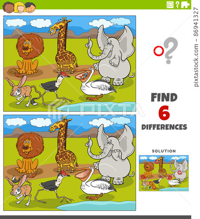 differences educational game with cartoon animals 86941327
