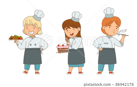 Little Girl Chef in White Toque and Jacket Holding Plate with Served Appetizing Meal Vector Illustration Set 86942178