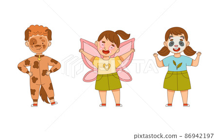 Cheerful Boy and Girl in Masquerade Costume and with Face Painting Engaged in Festive Celebration Vector Illustration Set 86942197