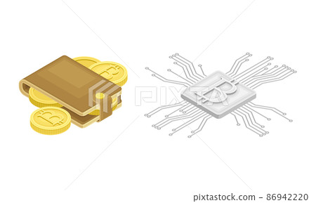 Blockchain Technology with Bitcoin Microcircuit Connection and Wallet Isometric Vector Illustration Set Blockchain Technology with Bitcoin Microcircuit Connection and Wallet Isometric Vector Illustration Set 86942220