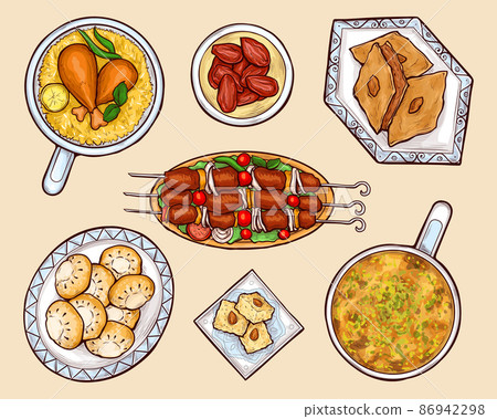 Oriental cuisine dishes cartoon vector set Oriental cuisine dishes cartoon vector set 86942298