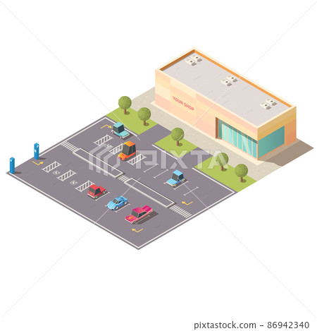Car parking near store building isometric vector Car parking near store building isometric vector 86942340