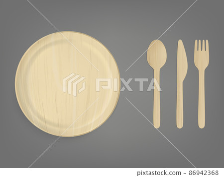 Disposable wooden tableware realistic vector set Disposable wooden tableware realistic vector set 86942368