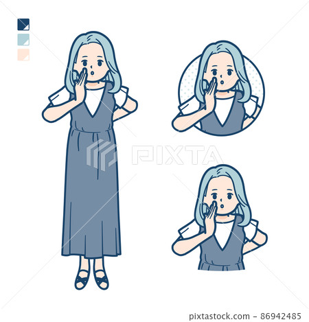 一個穿著無袖連衣裙的年輕女子在耳語中耳語的插圖 86942485