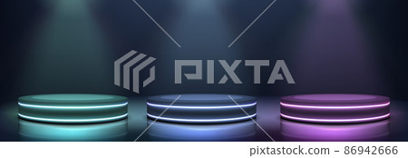 Neon podiums glowing in darkness realistic vector Neon podiums glowing in darkness realistic vector 86942666