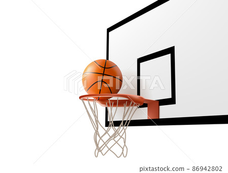 Basketball ball falling into ring net at backboard Basketball ball falling into ring net at backboard 86942802